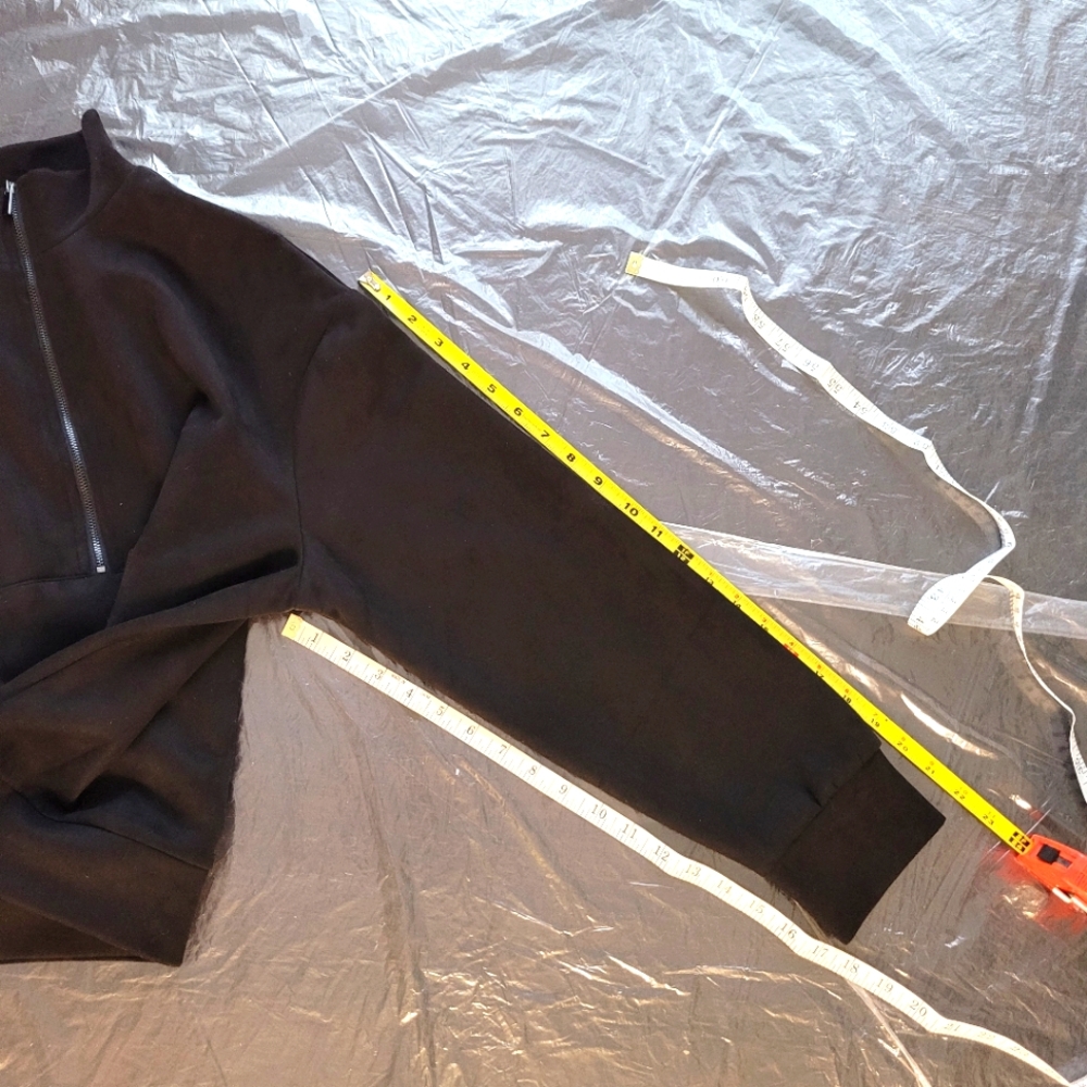 Black Faux Suede Half Zip Pullover Jacket Sweatshirt NEW Front Pocket Tahari - Picture 3 of 11